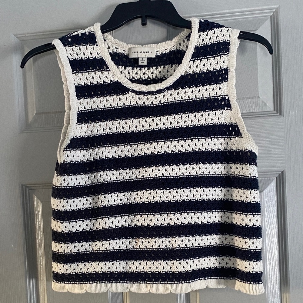Free Assembly navy ivory striped crocheted cotton boho vest
Size large